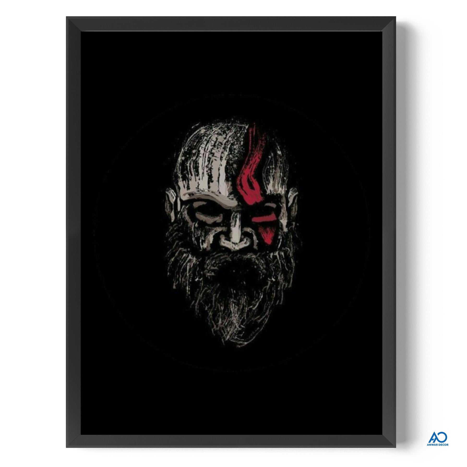 Framed artwork of a stylized face with a beard and red accents on a black background