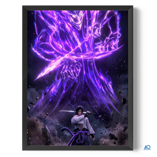Framed artwork of a warrior with glowing purple energy and a large creature in the background.