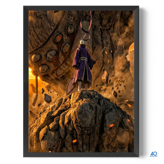 Framed artwork of a character in a purple robe standing on a rocky outcrop with a dark frame.