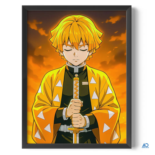 Framed artwork of an anime character with a sword against an orange sky.