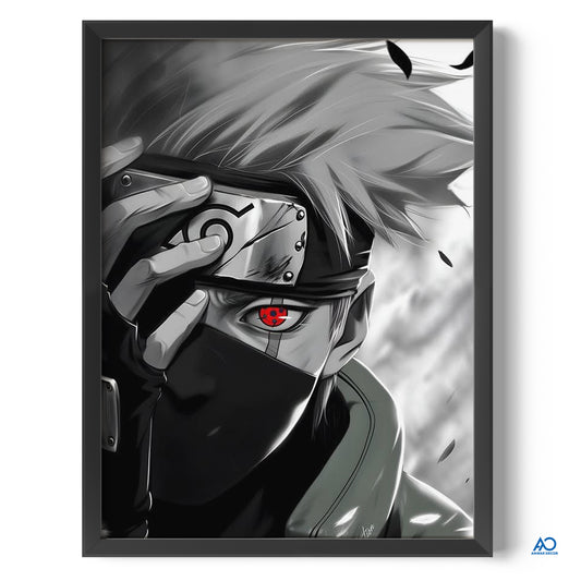 Framed Artwork of Naruto kakashi anime poster having bright red eye.