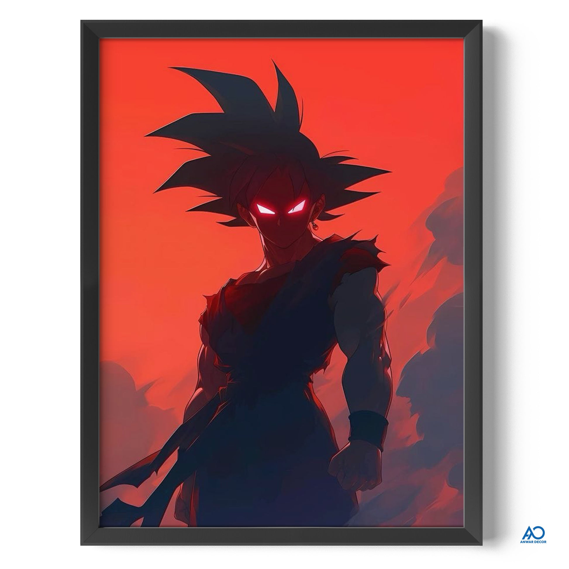 Framed artwork of a character with spiky hair and glowing red eyes against a red background.