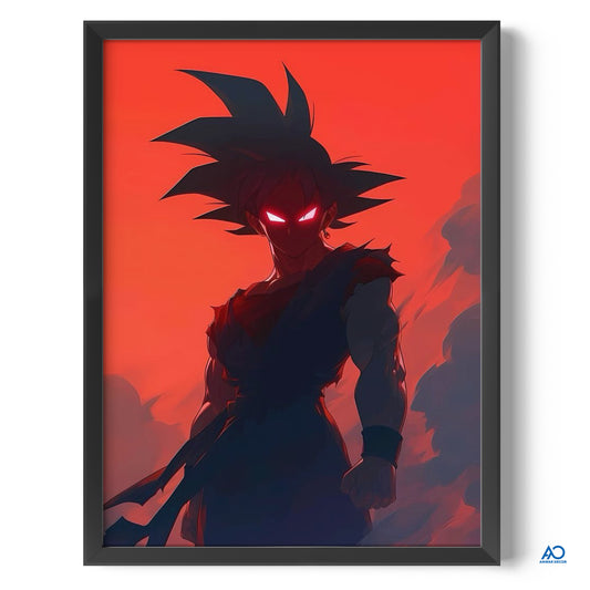 Framed artwork of a character with spiky hair and glowing red eyes against a red background.