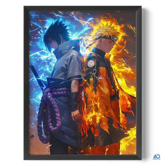 Framed artwork of two animated characters with contrasting styles, one with blue energy and the other with orange flames.