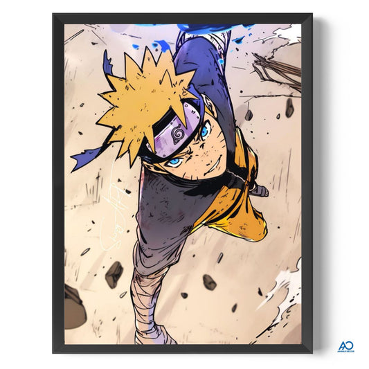 Framed artwork of an anime character with a dynamic pose on a beige background