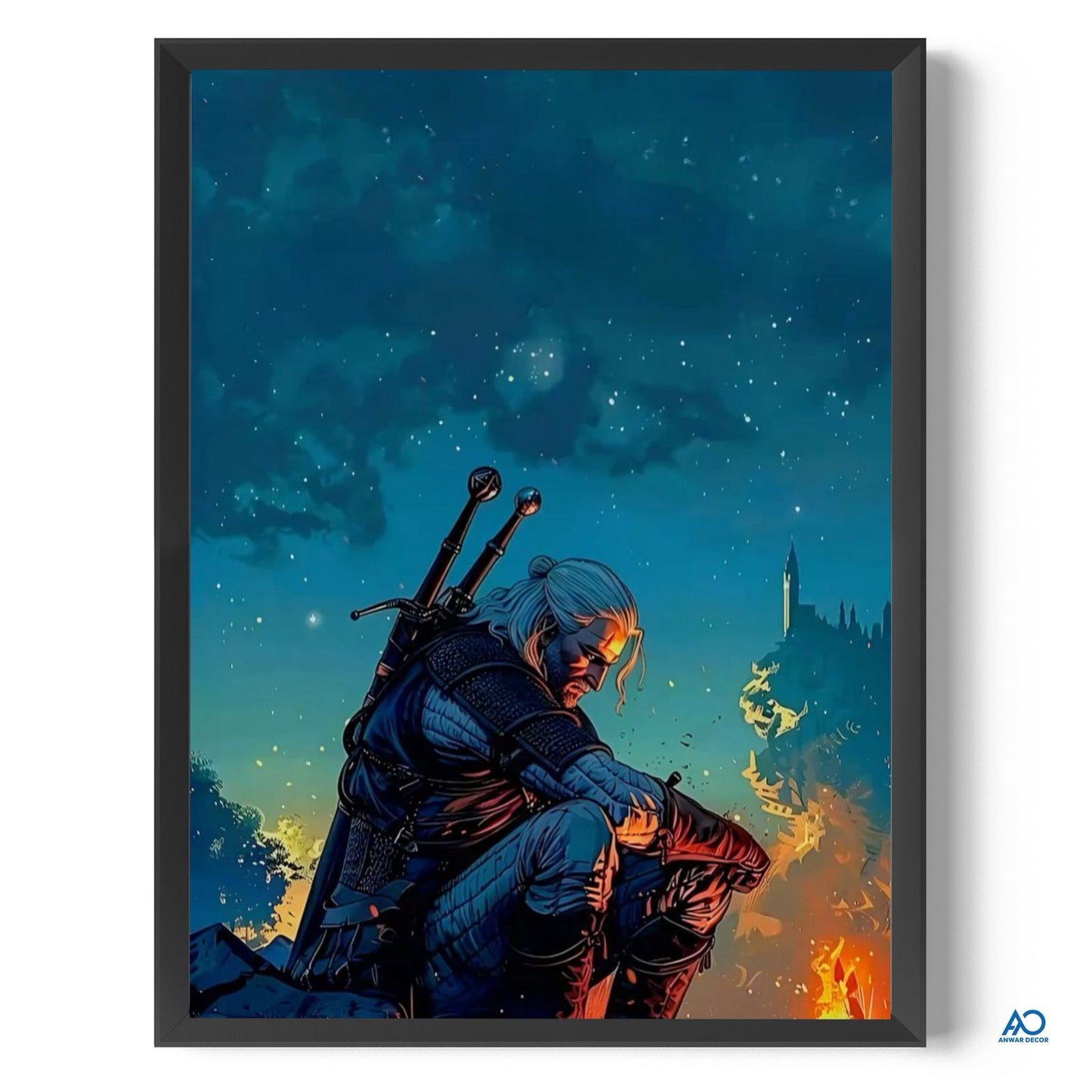 Framed artwork of a character with a sword against a starry night sky.