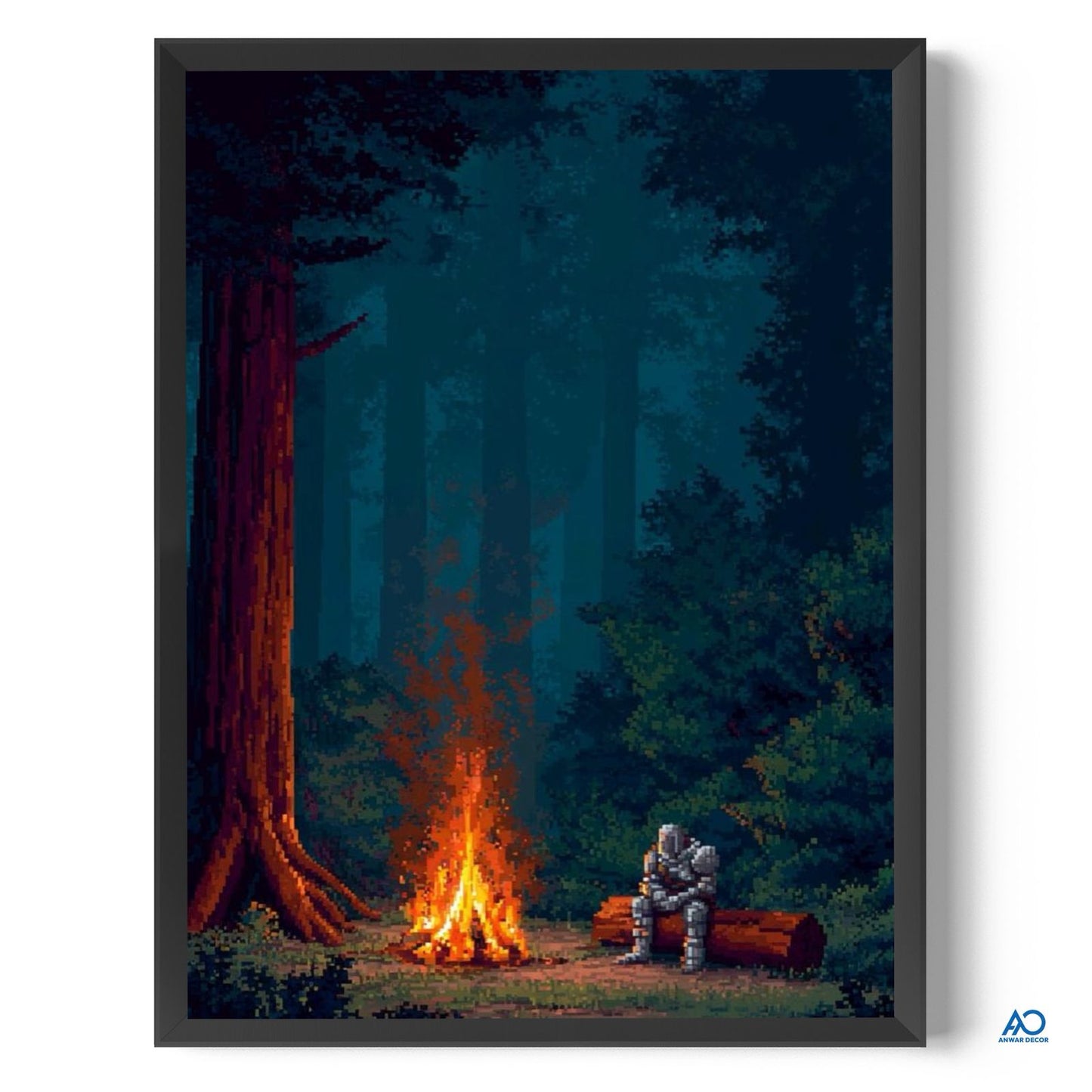 Framed artwork of a person sitting by a campfire in a forest