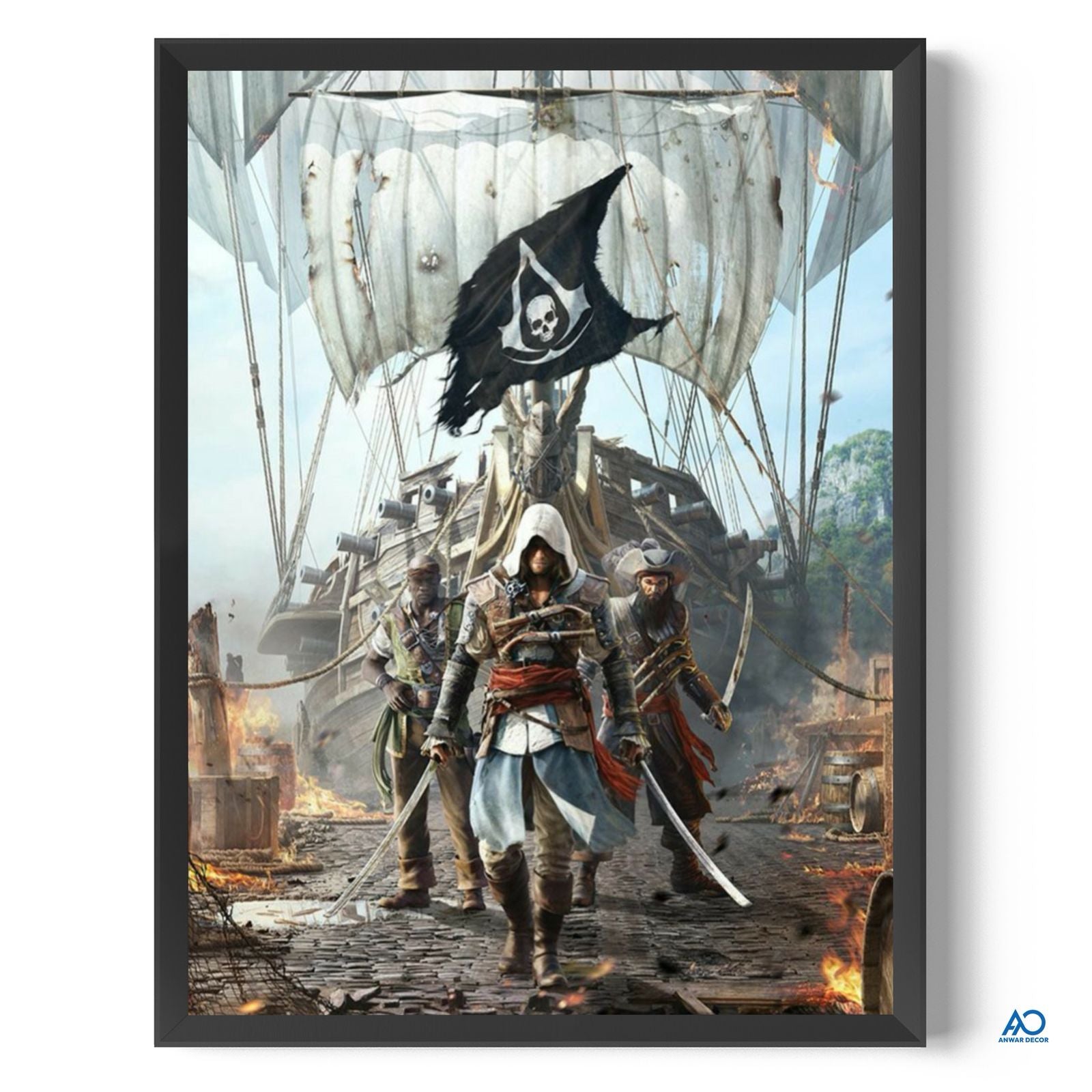 Framed artwork of a pirate ship with a skull flag and three pirates on a dock.