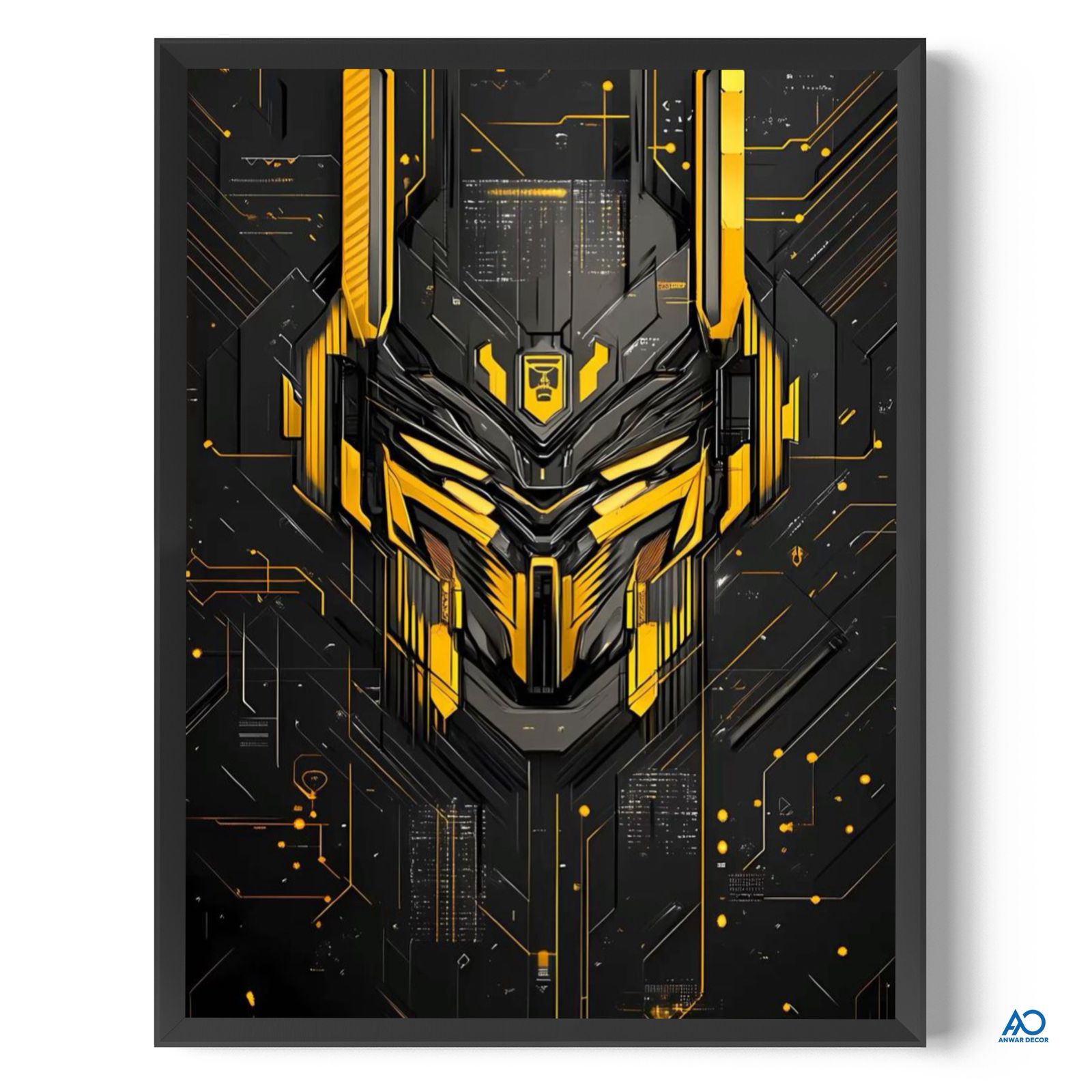 Framed artwork of a futuristic helmet design with black and yellow colors on a dark background.
