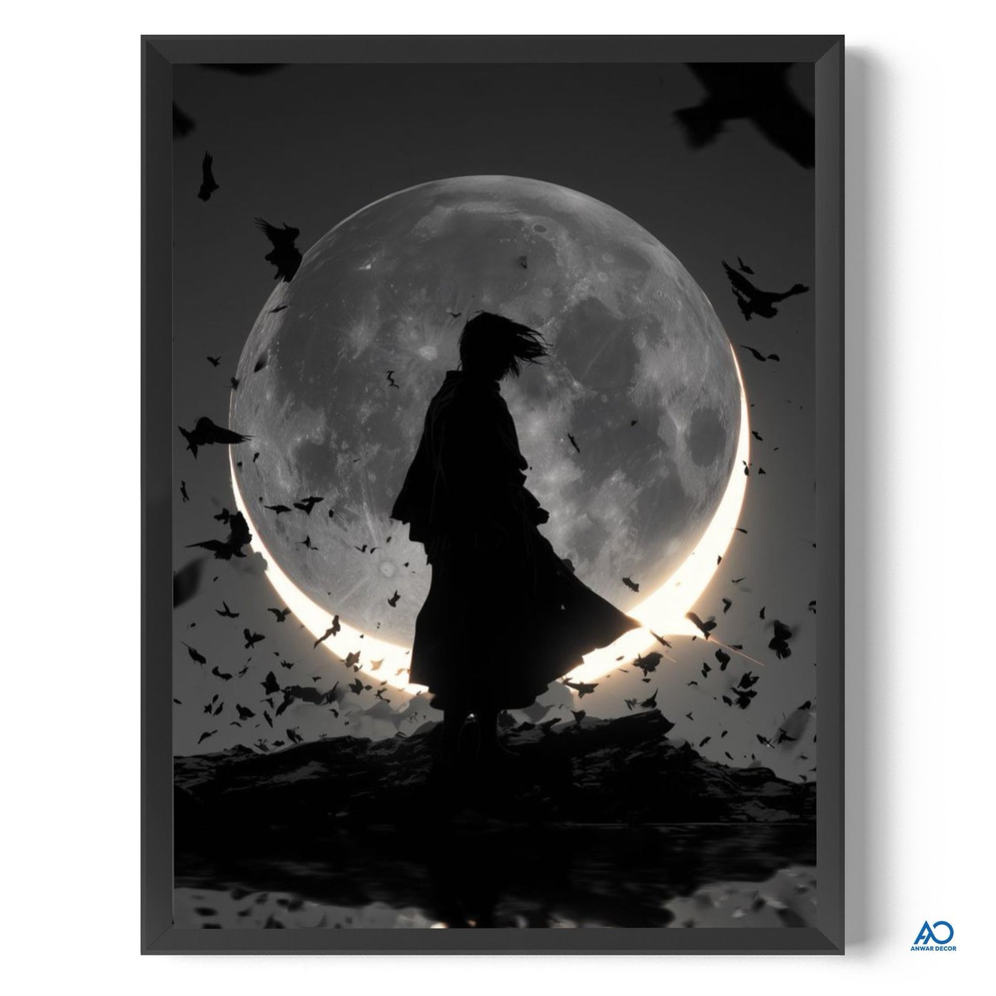 Silhouette of a person against a large moon with bats in the background