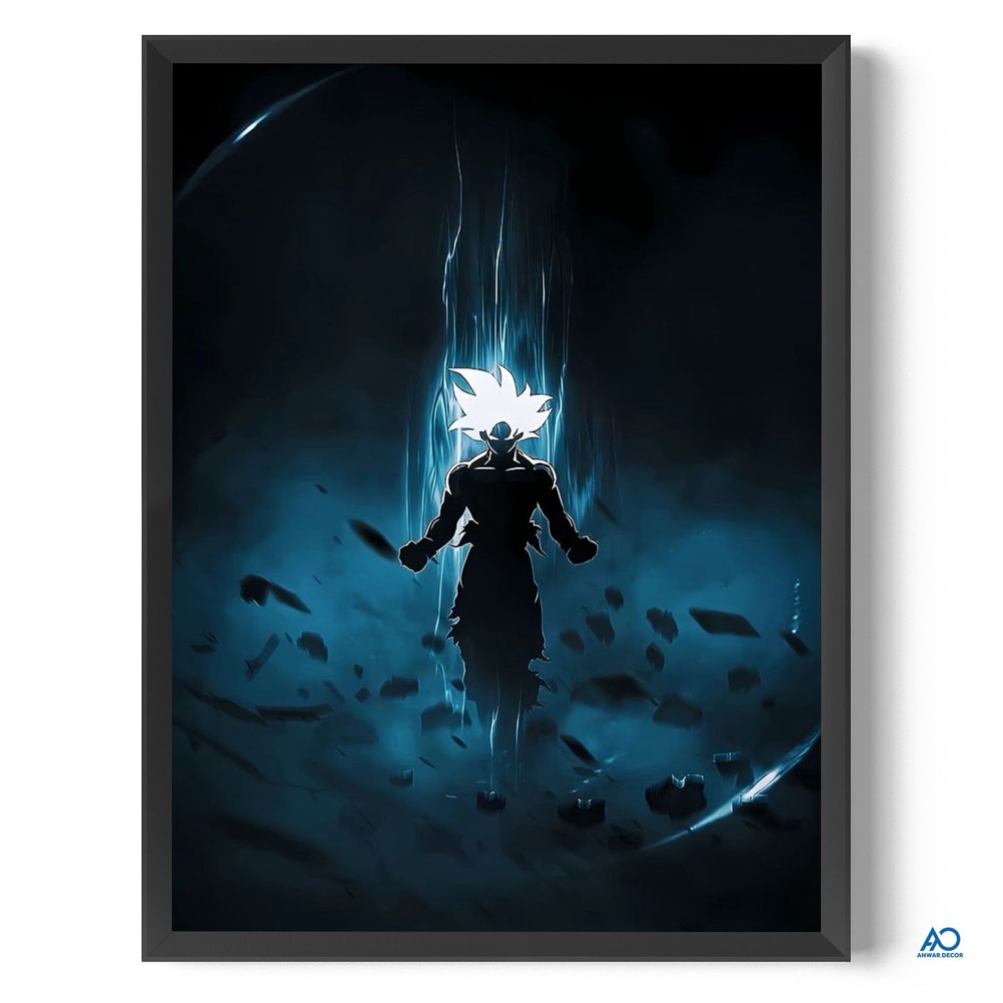 Framed poster of a character with glowing blue energy on a dark background