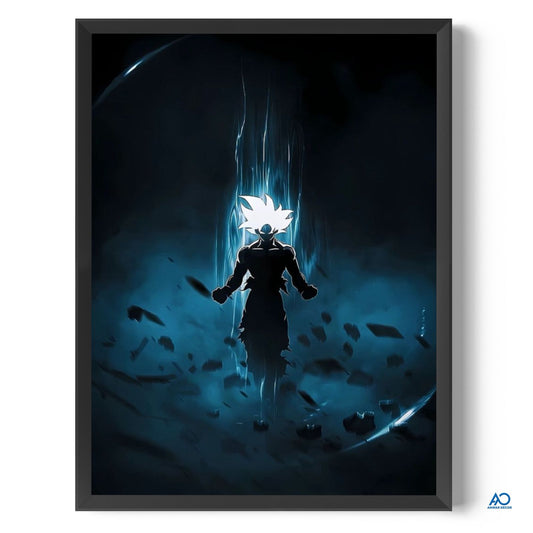 Framed poster of a character with glowing blue energy on a dark background