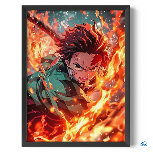 Framed artwork of an anime character with fiery effects on a white wall.