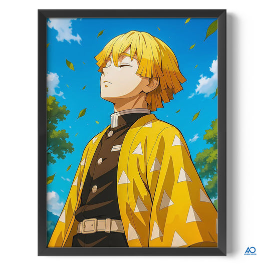 Framed artwork of an anime character with a yellow jacket against a blue sky.