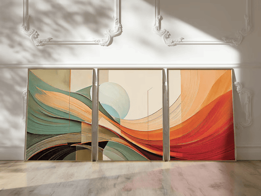 Abstract multicolor triptych wall frame featuring flowing curves in green, beige, and red for modern home decor | Abstract Wall Frame | Paintaings | Artwork Wall Frame