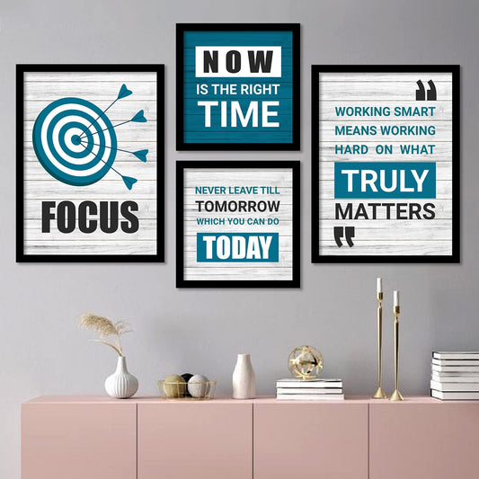 Motivational wall frame set featuring quotes about focus, time management, and smart work, designed for modern home and office decor.
