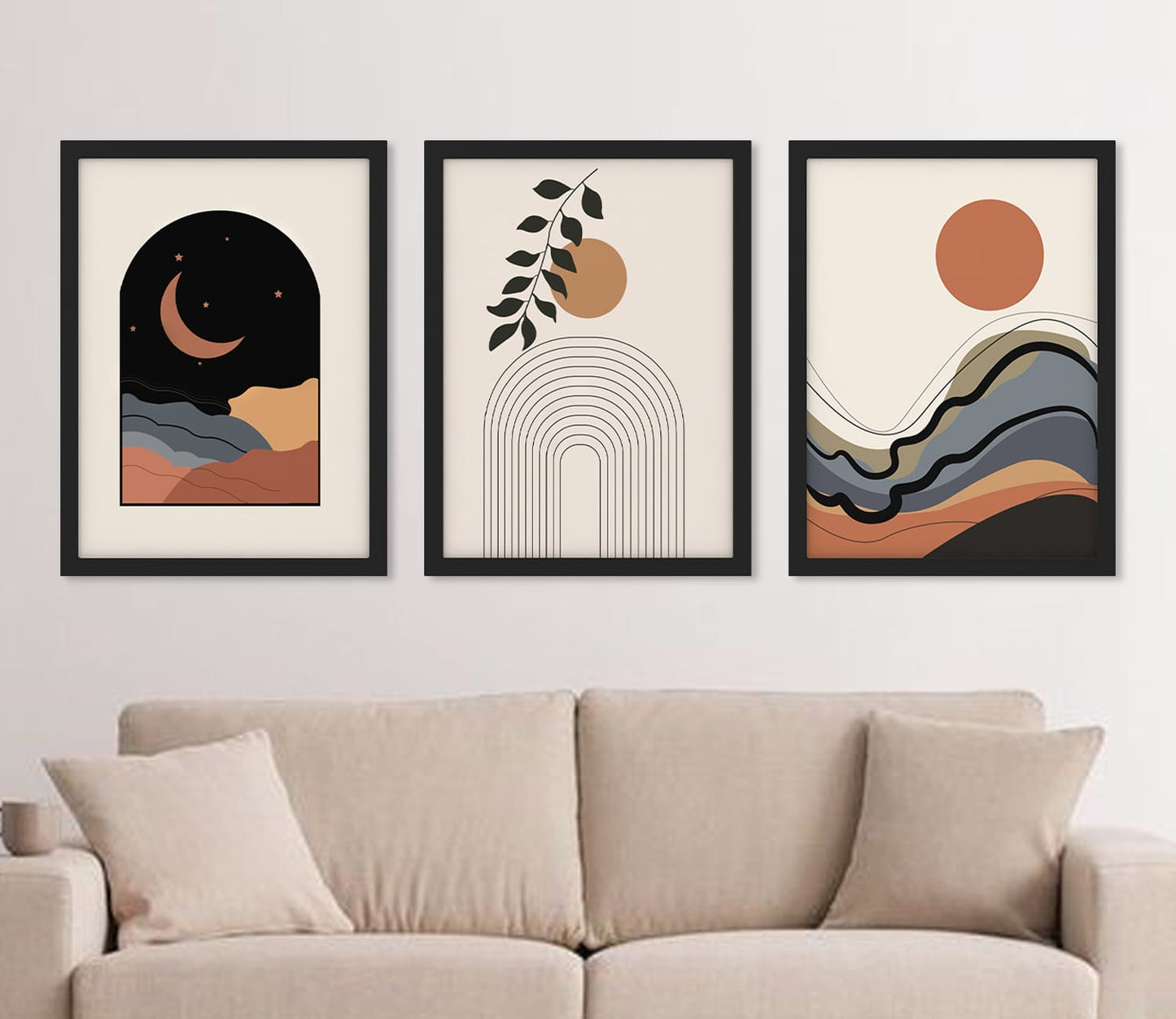 A trio of desert boho-style wall art featuring abstract landscapes with soft sun, sand dunes, and organic shapes in warm beige, rust, and orange hues, ideal for bohemian-inspired interiors.