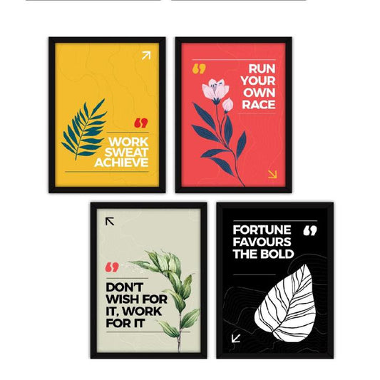 A 4-piece modern motivational wall frame set with bold typography and botanical designs, featuring quotes like "Work Sweat Achieve" and "Run Your Own Race."