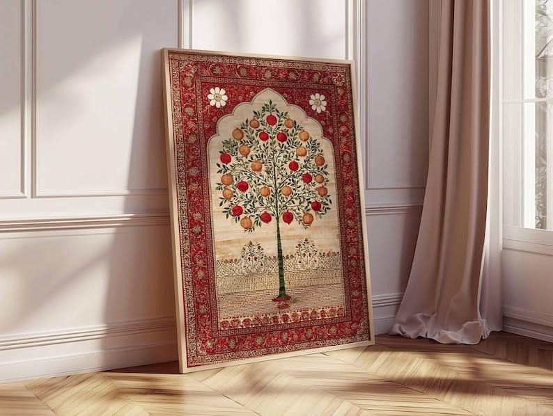 Decorative rug with a tree design on a wooden floor in a room with light-colored walls and curtains.
