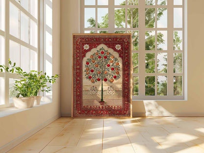 Decorative rug with a tree design in a room with large windows and plants.