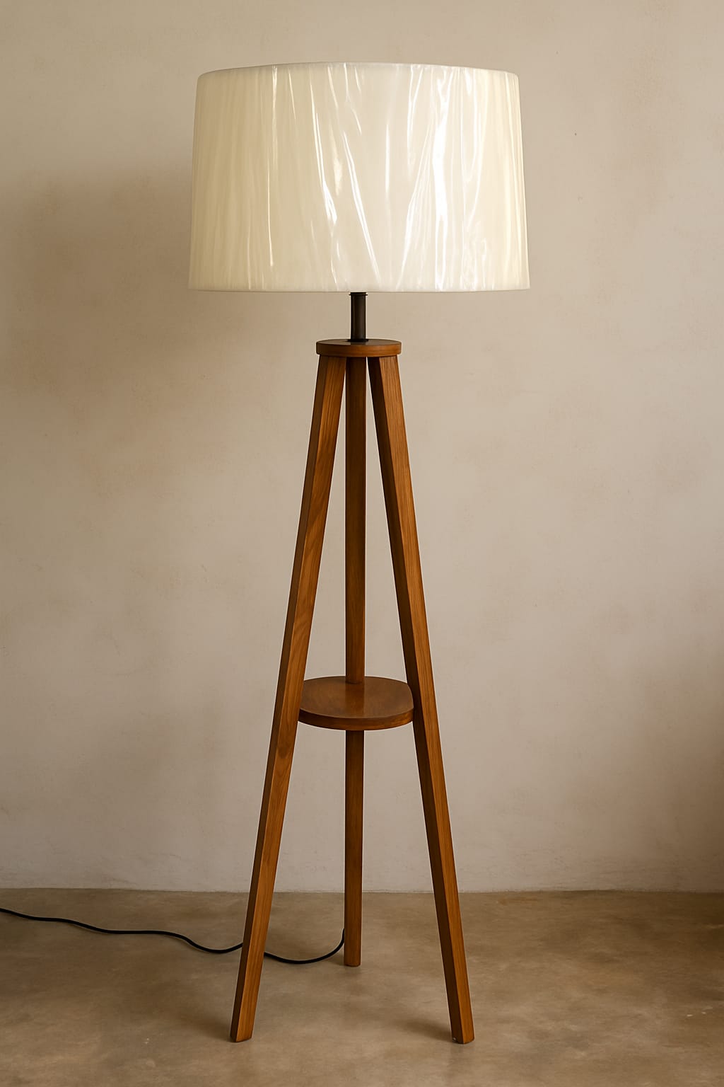 Tripod Floor Lamp with Shelf and Linen Shade (Light colored) - Anwar Decor