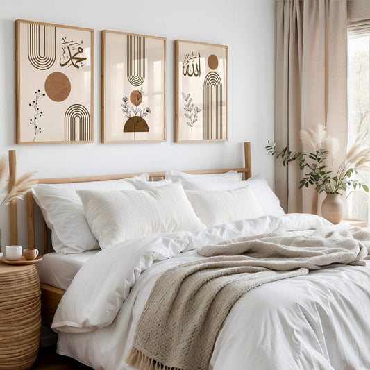 Neatly made bed with white bedding and beige blanket, framed artwork on the wall, and a side table with a cup.