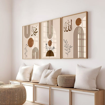 Three framed artworks on a wall above a wooden console table with cushions.