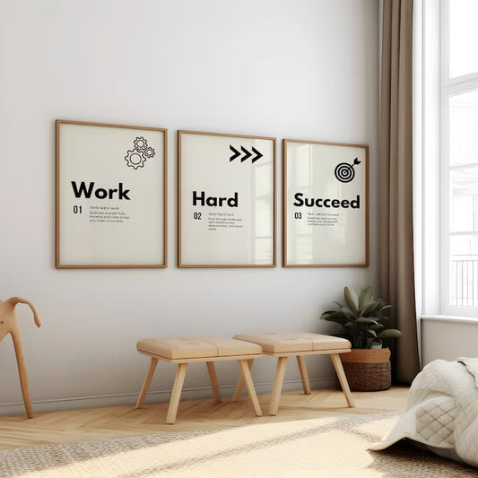 Set of three minimalist motivational frames with phrases 'Work,' 'Hard,' and 'Succeed' in a modern style for home or office decor | Motivational Wall Art | Motivational Wall frames | Wall frames for Office | Office Wall Art