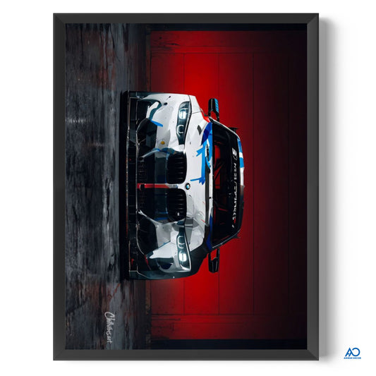 Framed artwork of a car on a red and black background