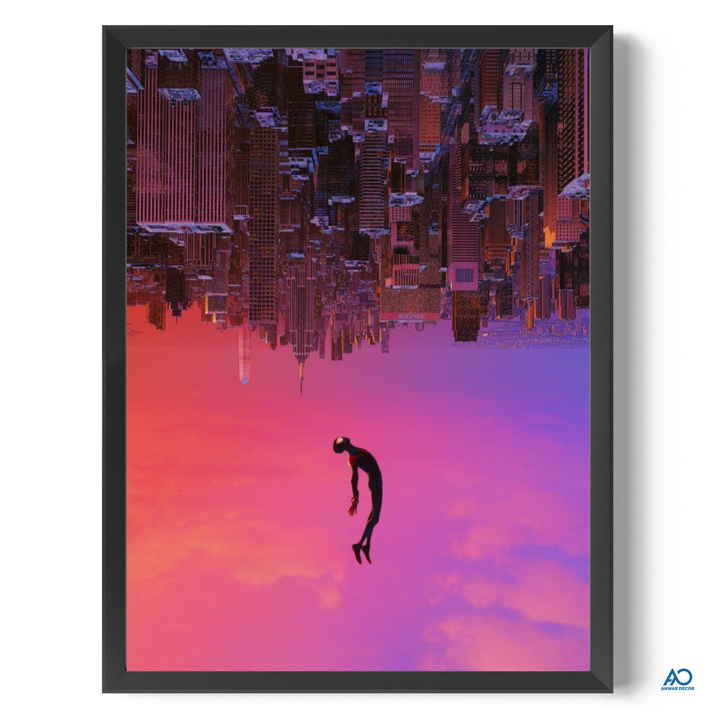 Framed artwork of a person standing on a reflective surface with a cityscape in the background