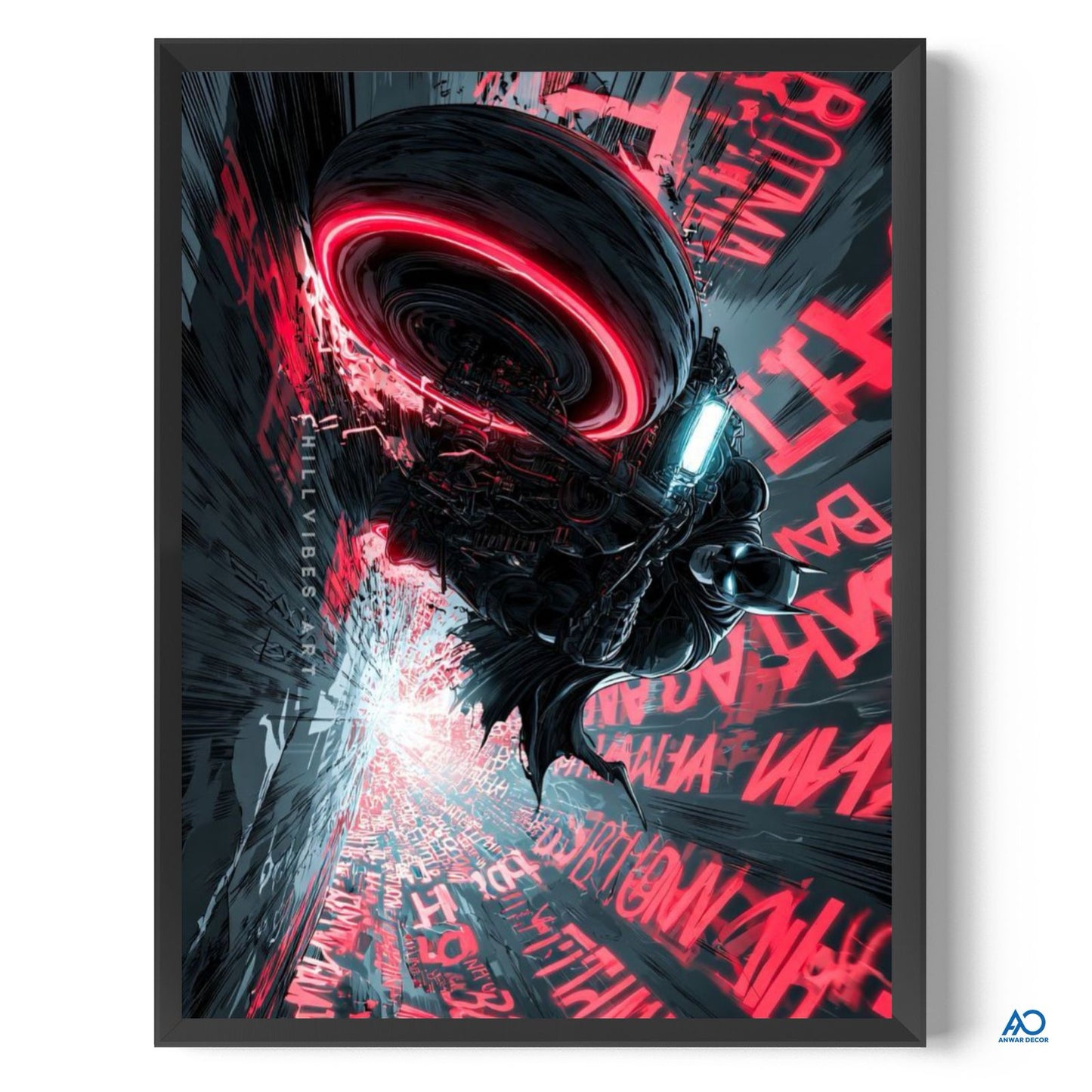 Framed poster with a futuristic design featuring red and black elements.