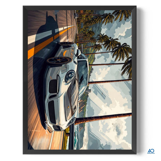 Framed artwork of a car on a beach with palm trees and sunset.