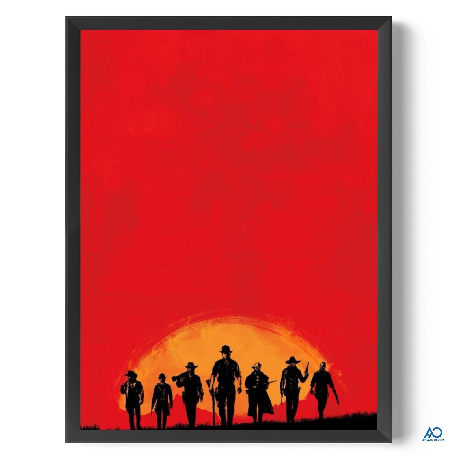 Framed poster with silhouette of people against a red sunset background