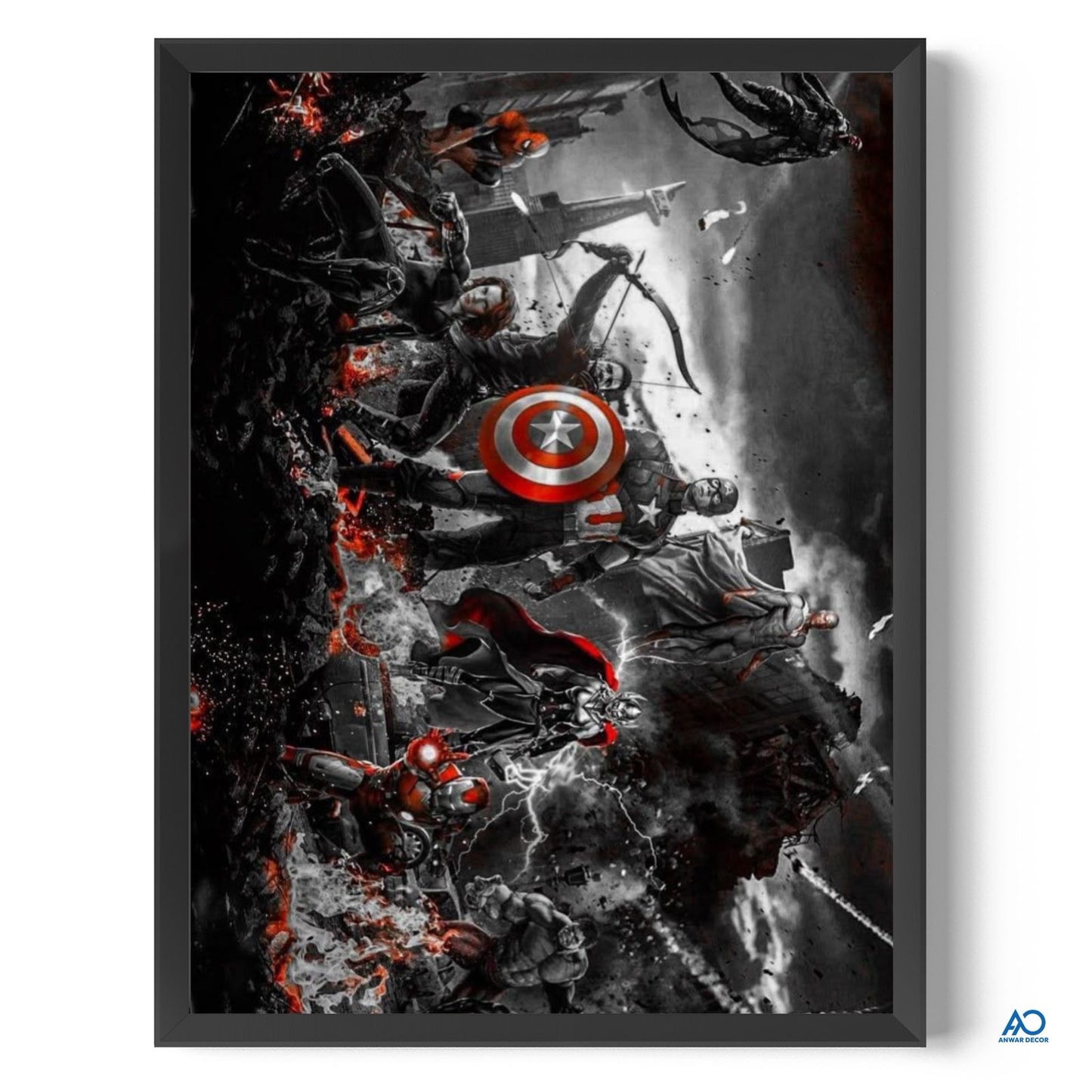 Framed artwork featuring a superhero with a shield, surrounded by dynamic action poses.