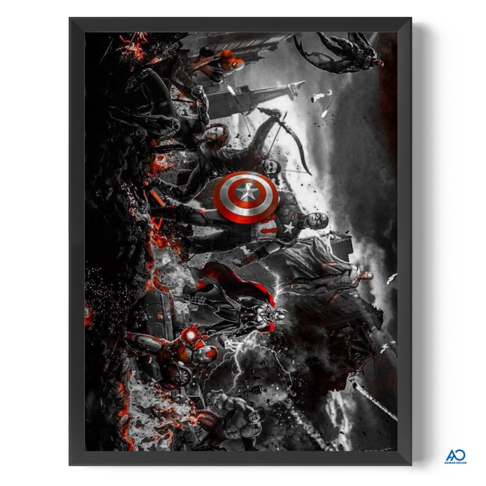 Framed artwork featuring a superhero with a shield, surrounded by dynamic action poses.