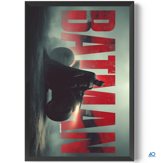 Batman movie poster with red and black text on a dark background