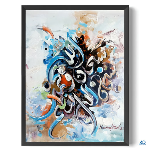 Abstract art painting with swirling patterns in blue, orange, and black on a light background.