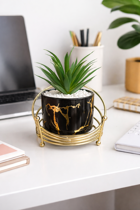 Luxury Artificial Succulent Plant in Black and Gold Marble Pot with Golden Stand - Anwar Decor