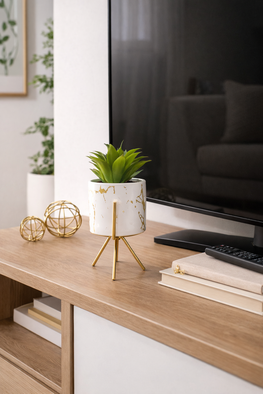 Elegant Artificial Succulent Plant in White Marble Pot with Golden Stand – Premium Table Decor for Home & Office in Pakistan - Anwar Decor