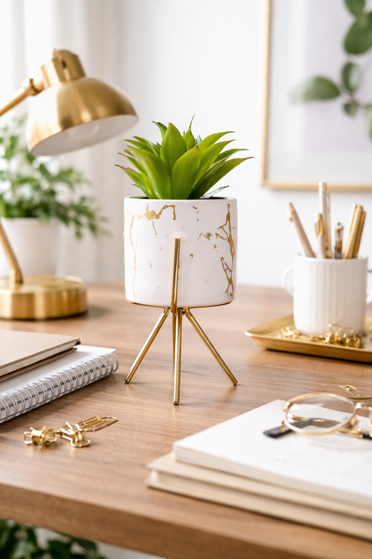 Elegant Artificial Succulent Plant in White Marble Pot with Golden Stand – Premium Table Decor for Home & Office in Pakistan - Anwar Decor