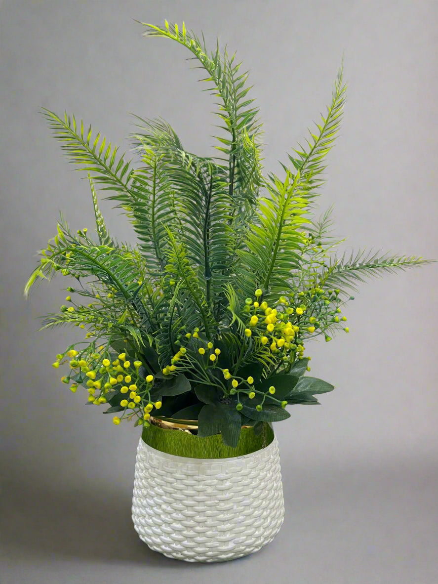 Artificial Fern & Yellow Accents Arrangement in White Pot