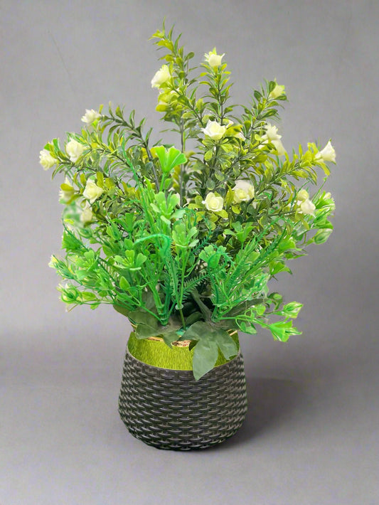 Artificial White Flower & Greenery Arrangement in Black Pot