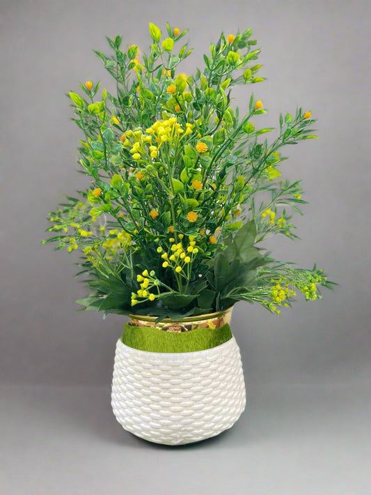 Artificial Yellow & Green Floral Arrangement in White Pot