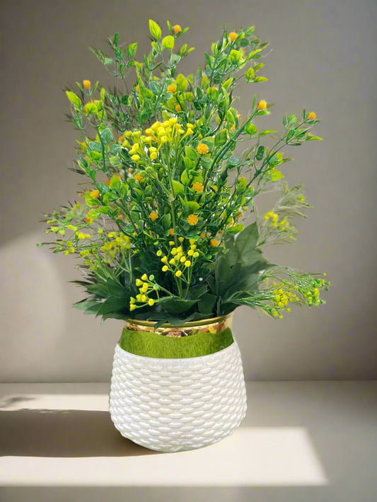 Artificial Yellow & Green Floral Arrangement in White Pot