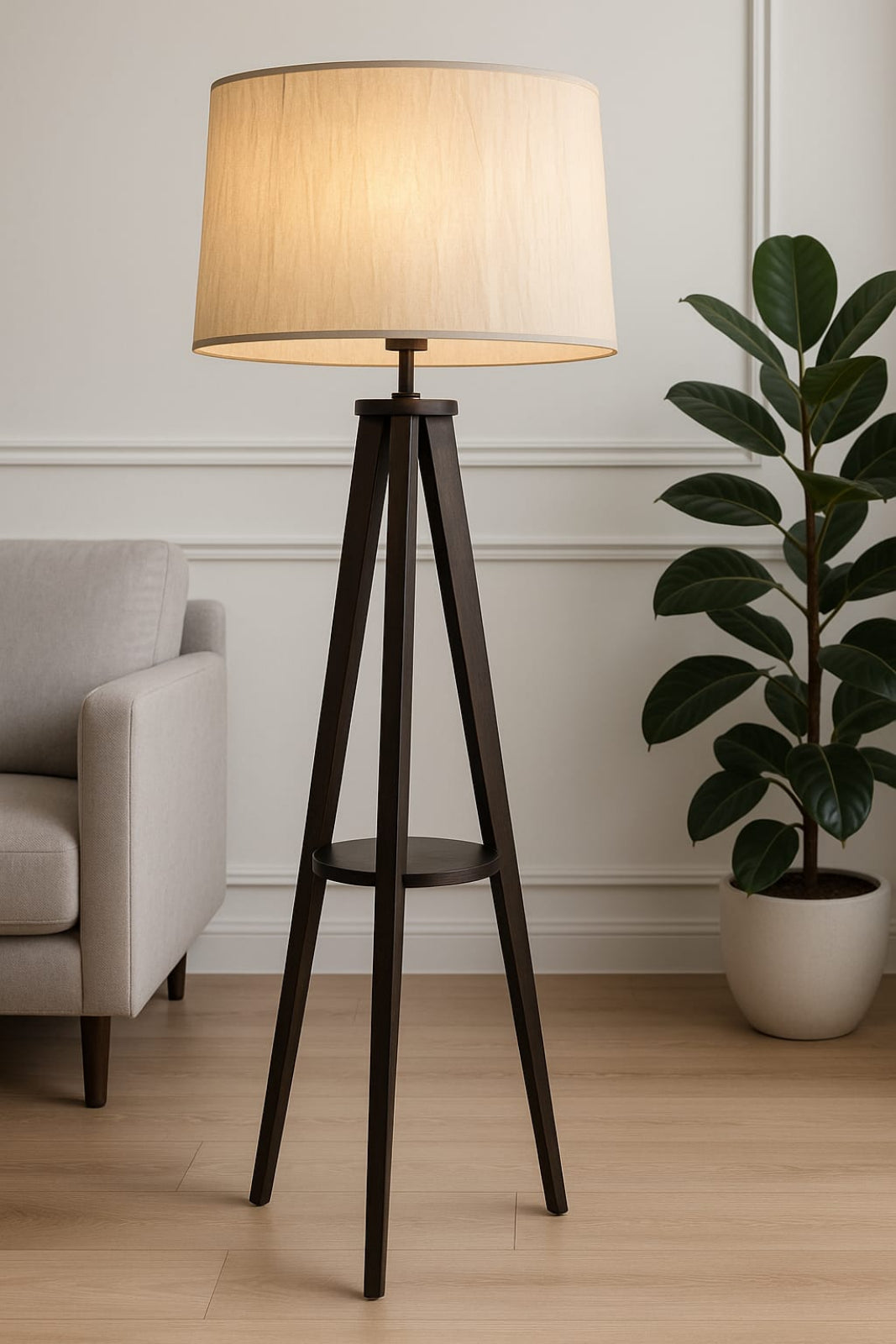 Tripod Floor Lamp with Shelf and Linen Shade - Anwar Decor