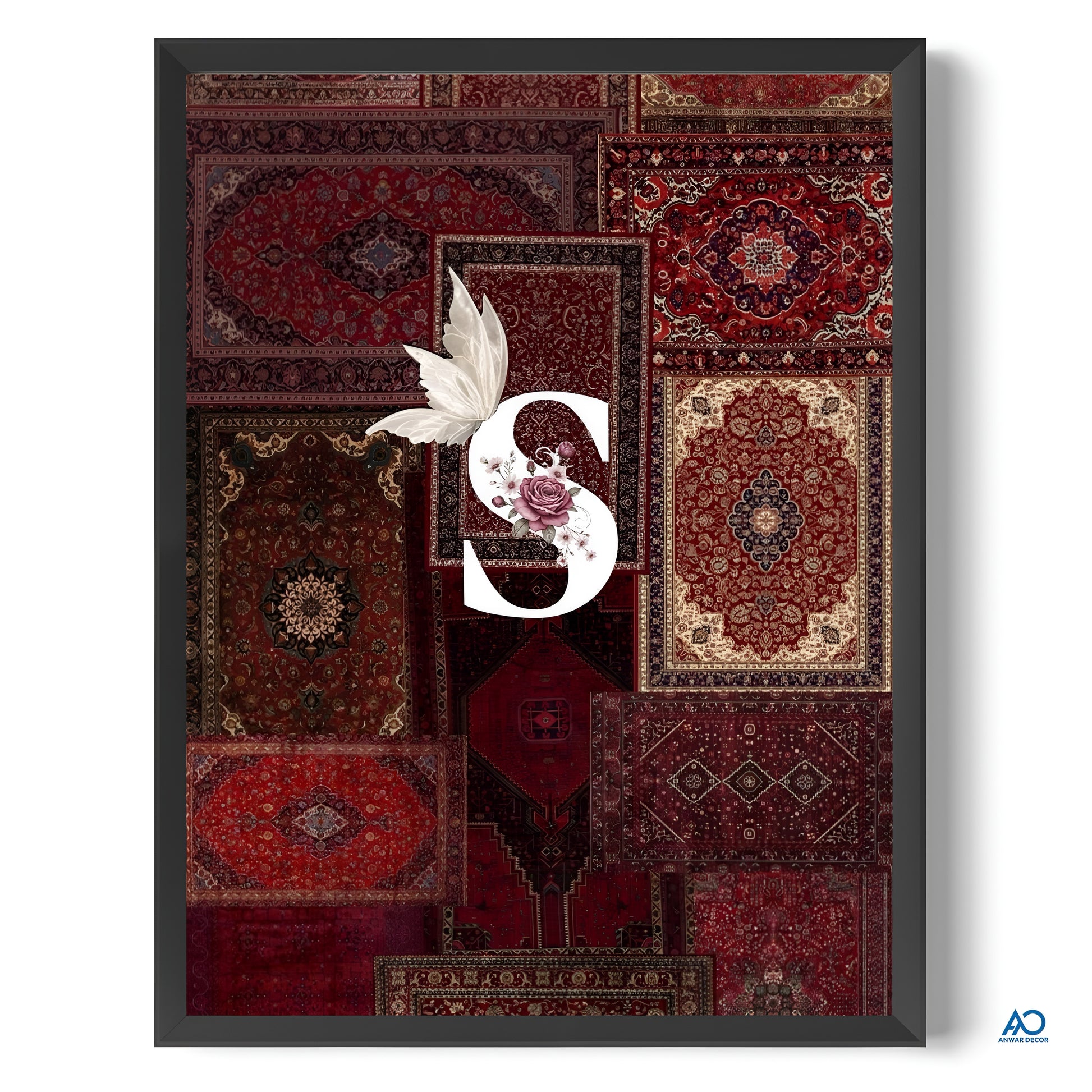 Framed artwork with a patchwork of red and brown patterns and a white abstract design.